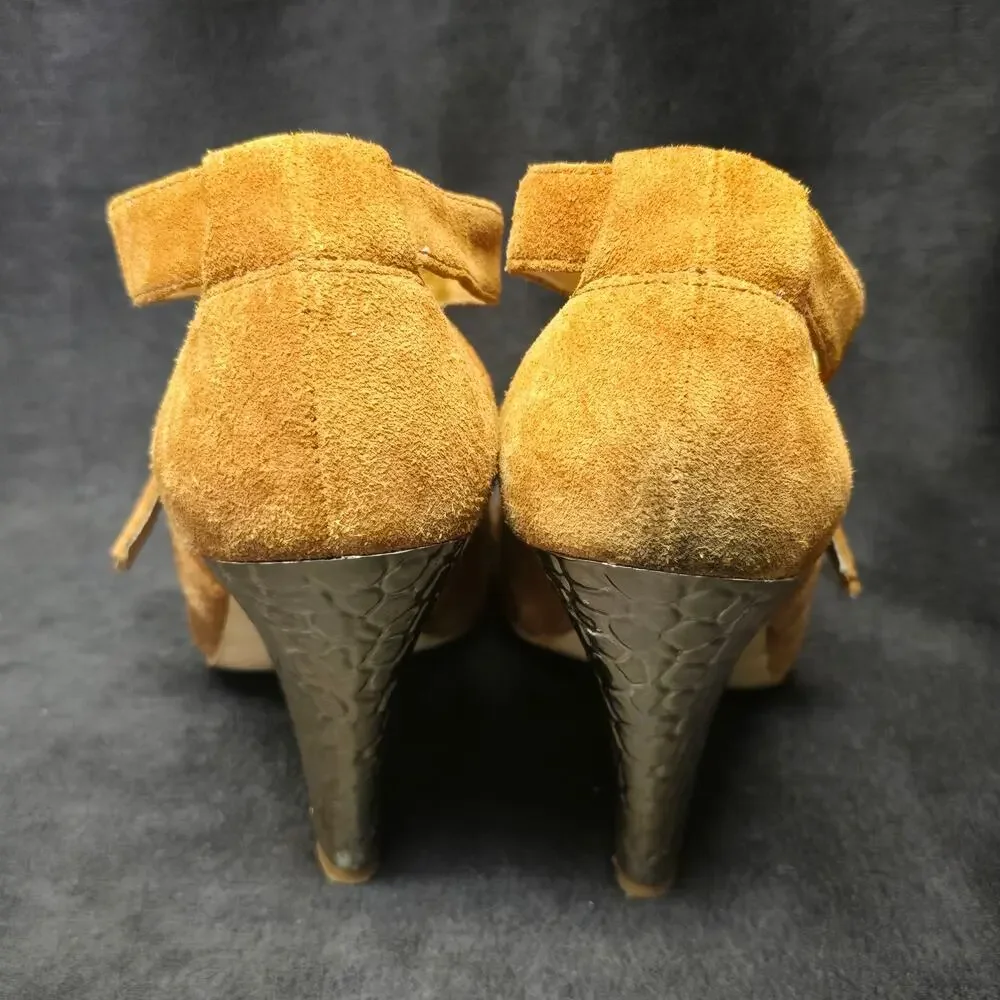 Michael Kors Brown Leather Peep Toe Ankle Strap Gold Cone High Heel Shoe